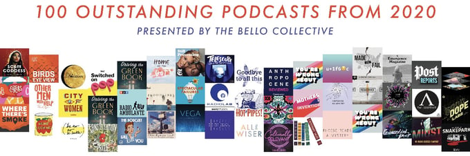 Collage of various podcast logos named to Bello Collective's 'Outstanding' podcast list